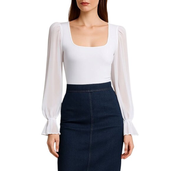 Mangopop Square Neck Sheer Long Sleeve Bodysuit - Picture 1 of 16